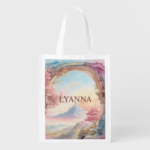 Pink Blue Watercolor Fantasy Landscape Grocery Bag