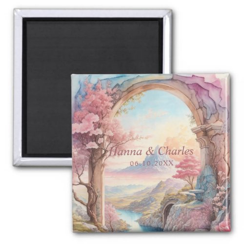 Pink Blue Watercolor Fantasy Landscape Magnet