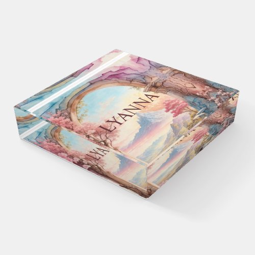 Pink Blue Watercolor Fantasy Landscape  Paperweight