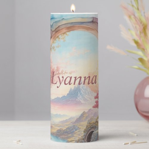 Pink Blue Watercolor Fantasy Landscape  Pillar Candle