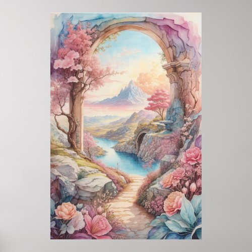 Pink Blue Watercolor Fantasy Landscape  Poster