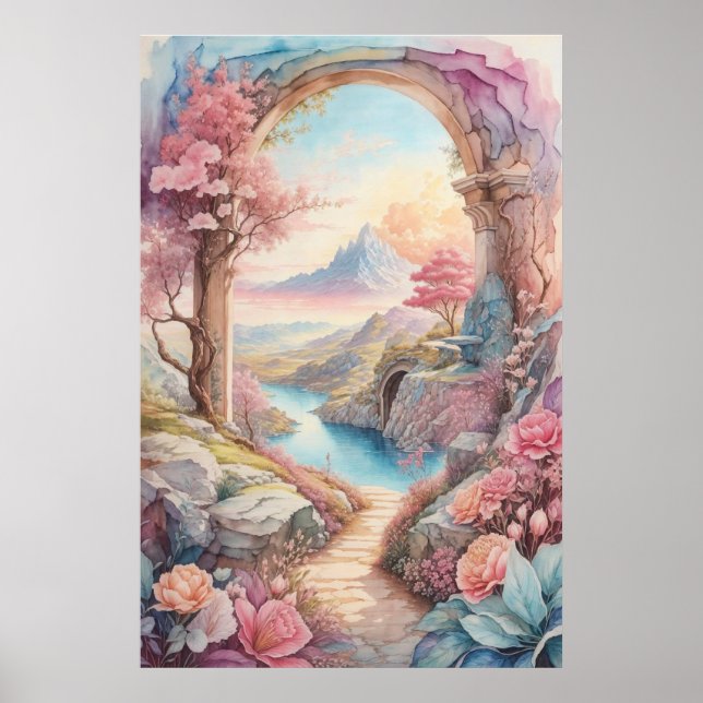 Pink Blue Watercolor Fantasy Landscape  Poster (Front)