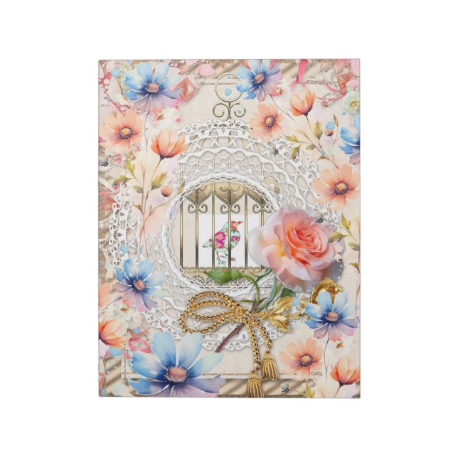 Pink Blue Watercolor Floral Bird Cage Elegant Lace Notepad (Rotated)