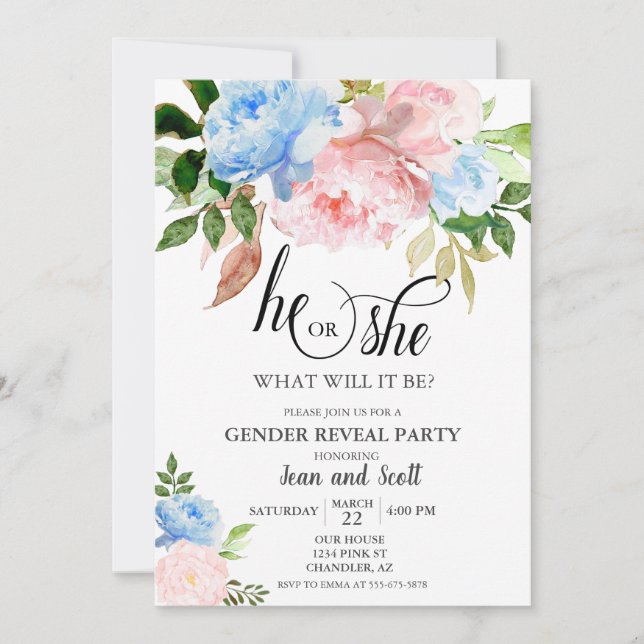 Pink Blue Watercolor Floral Gender Reveal Party Invitation (Front)