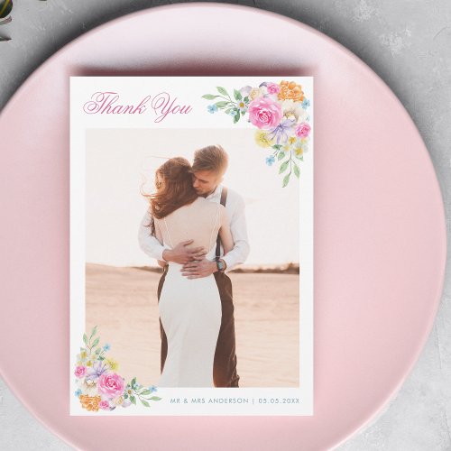 Pink  Blue Watercolor Floral Romantic Wedding Thank You Card