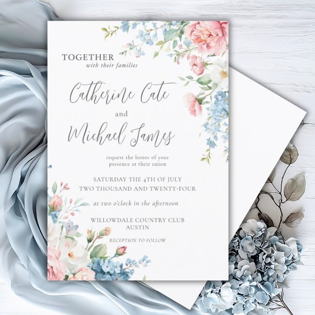 Pink & Blue Watercolor Floral Wedding Invitation (Creator Uploaded)
