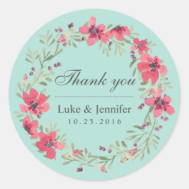 Pink Blue Watercolor Floral Wreath Wedding Sticker (Front)