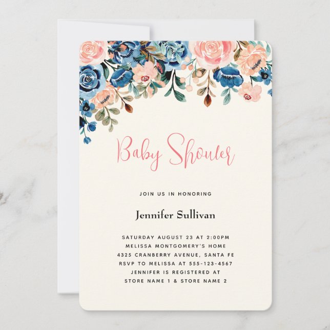 Pink & Blue Watercolor Flowers Baby Shower Invitation (Front)