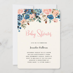 Pink & Blue Watercolor Flowers Baby Shower Invitation