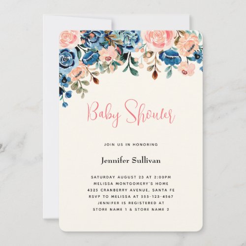 Pink  Blue Watercolor Flowers Baby Shower Invitation