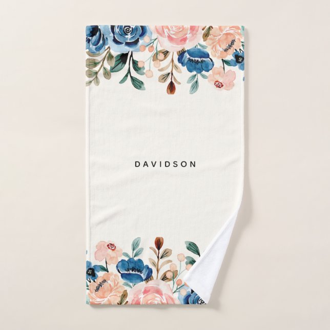 Pink & Blue Watercolor Flowers Bath Towel Set (Hand Towel)