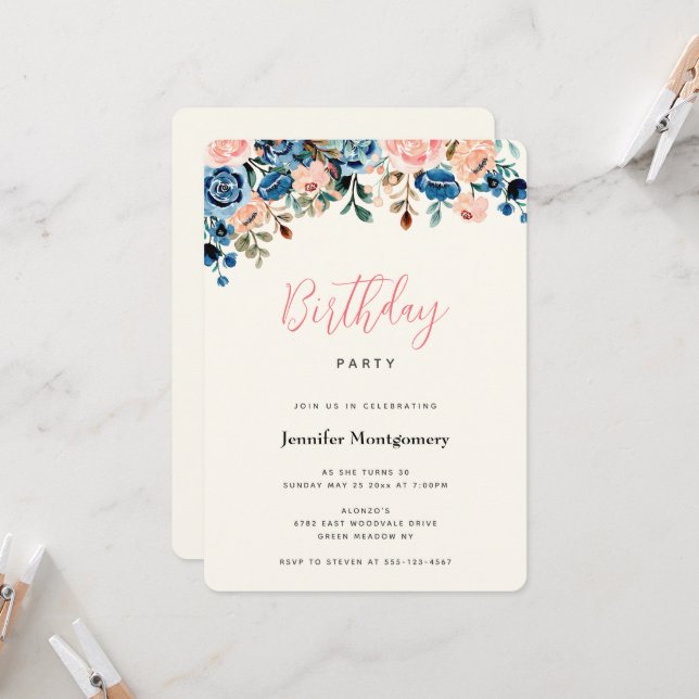 Pink & Blue Watercolor Flowers Birthday Invitation (Front/Back In Situ)