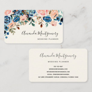 Pink & Blue Watercolor Flowers Business Card