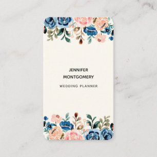 Pink & Blue Watercolor Flowers Business Card