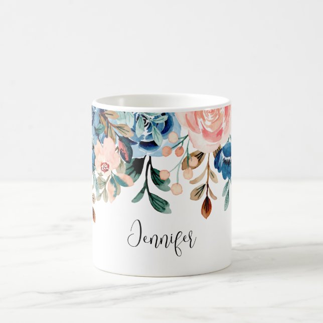 Pink & Blue Watercolor Flowers Coffee Mug (Center)