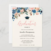 Pink & Blue Watercolor Flowers Graduation Party Invitation Postcard (Front/Back)