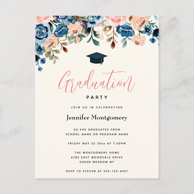 Pink & Blue Watercolor Flowers Graduation Party Invitation Postcard (Front)