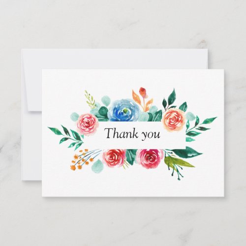 Pink Blue Watercolor Flowers Greenery Wedding Thank You Card
