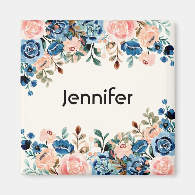 Pink & Blue Watercolor Flowers Magnet (Front)