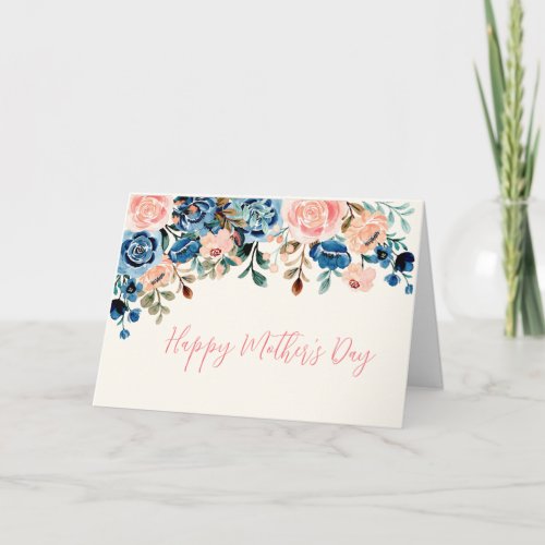 Pink  Blue Watercolor Flowers Mothers Day Card