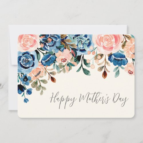 Pink  Blue Watercolor Flowers Mothers Day Holiday Card