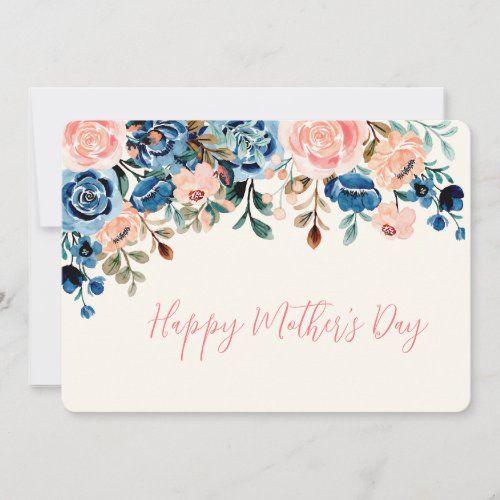 Pink  Blue Watercolor Flowers Mothers Day Holiday Card