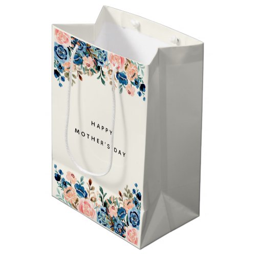 Pink  Blue Watercolor Flowers Mothers Day Medium Gift Bag