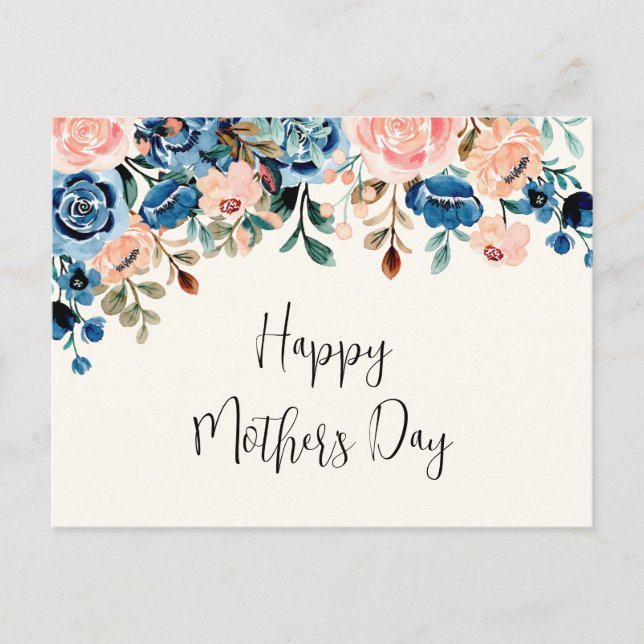 Pink & Blue Watercolor Flowers Mother's Day Postcard (Front)