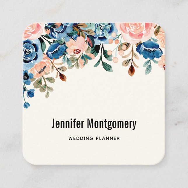 Pink & Blue Watercolor Flowers Square Business Card (Front)