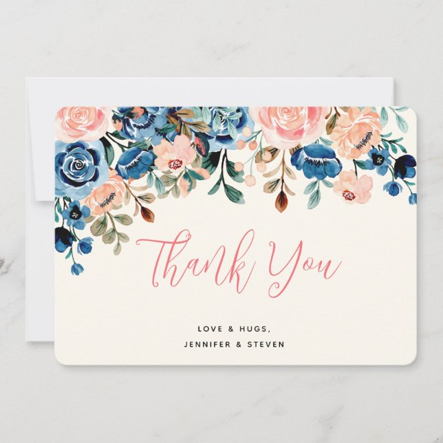 Pink & Blue Watercolor Flowers Thank You Card (Front)