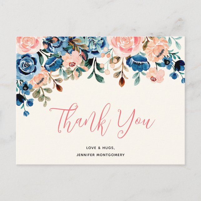 Pink & Blue Watercolor Flowers Thank You Postcard (Front)
