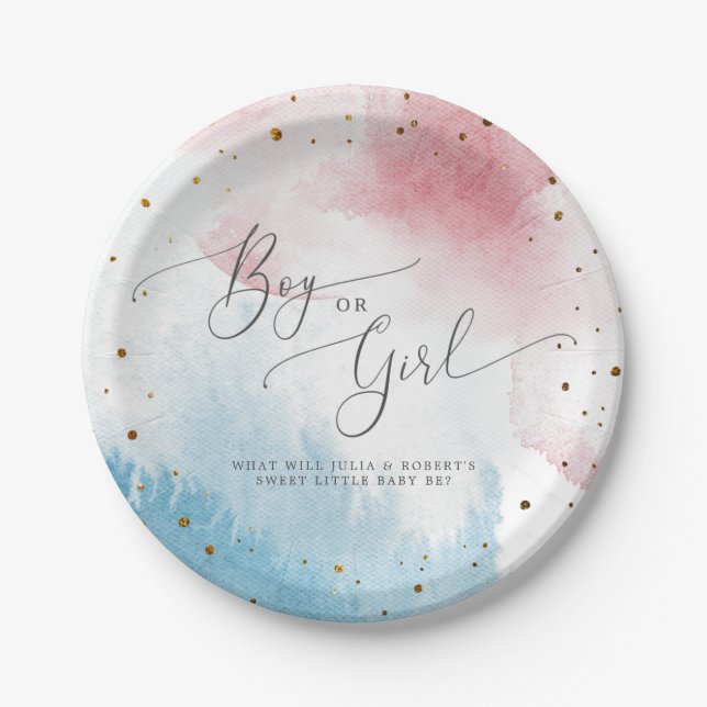 Pink Blue Watercolor Gender Reveal Party Paper Plates (Front)