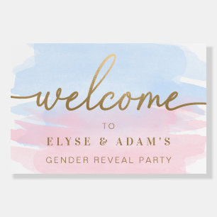 Pink & Blue Watercolor Gender Reveal Welcome Sign