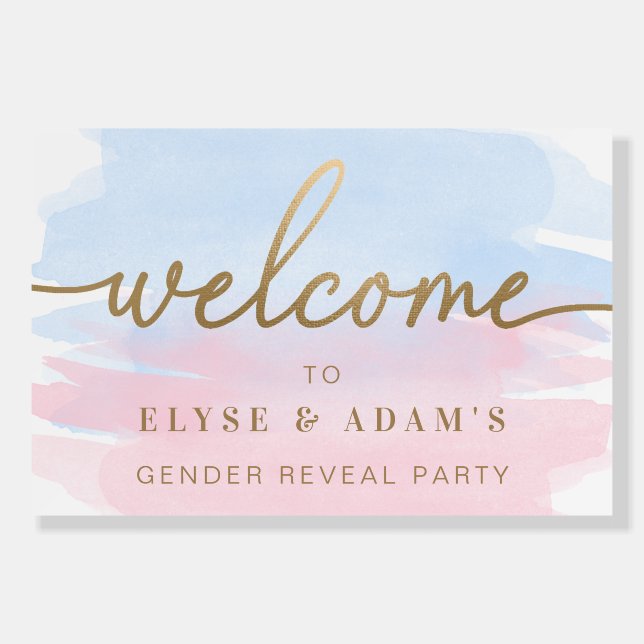 Pink & Blue Watercolor Gender Reveal Welcome Sign (Front)