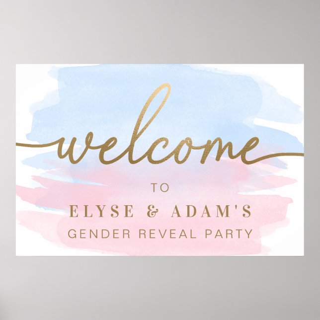 Pink & Blue Watercolor Gender Reveal Welcome Sign (Front)