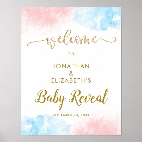 Pink Blue Watercolor Glitter Gender Reveal Welcome Poster