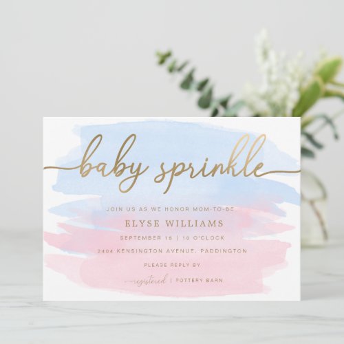 Pink Blue Watercolor Gold Baby Sprinkle Invitation