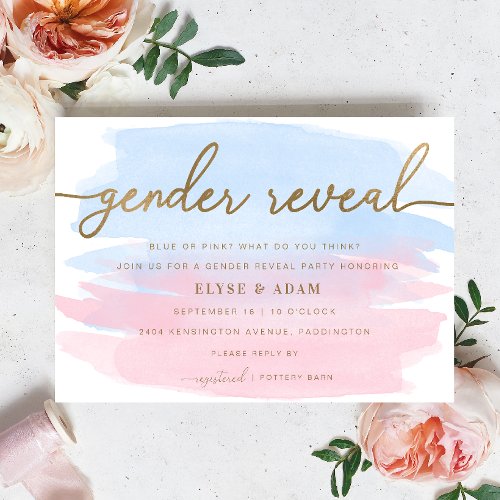 Pink  Blue Watercolor Gold Gender Reveal Invite