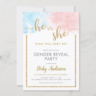 Pink & Blue Watercolor Gold Glitter Gender Reveal Invitation