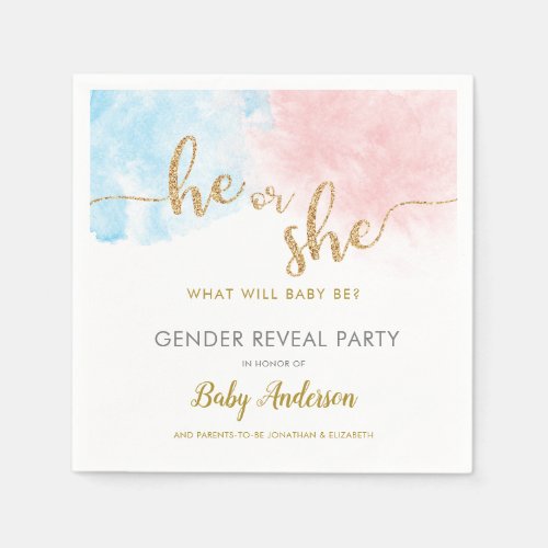 Pink  Blue Watercolor Gold Glitter Gender Reveal Napkins