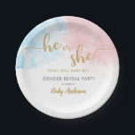 Pink & Blue Watercolor Gold Glitter Gender Reveal Paper Plates<br><div class="desc">Add this fun personalized gender reveal party plate to your event. The design features gold faux glitter calligraphy text "he or she" on a pink and blue watercolor background.</div>
