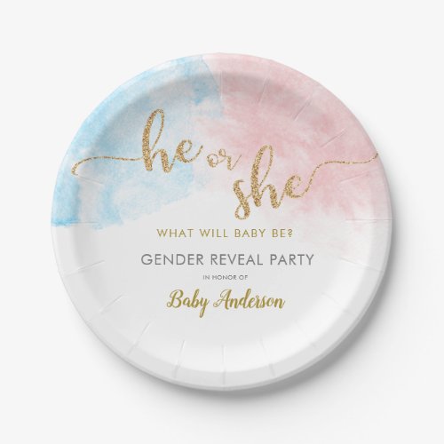 Pink  Blue Watercolor Gold Glitter Gender Reveal Paper Plates