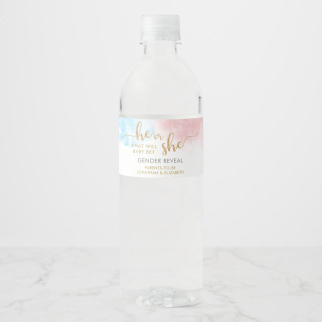 Pink & Blue Watercolor Gold Glitter Gender Reveal  Water Bottle Label (Front)