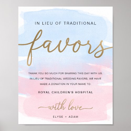 Pink Blue Watercolor Gold In Lieu Of Favors Sign