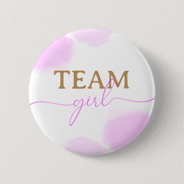 Pink & Blue Watercolor Gold Script Gender Reveal Button (Front)