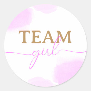 Pink & Blue Watercolor Gold Script Gender Reveal Classic Round Sticker