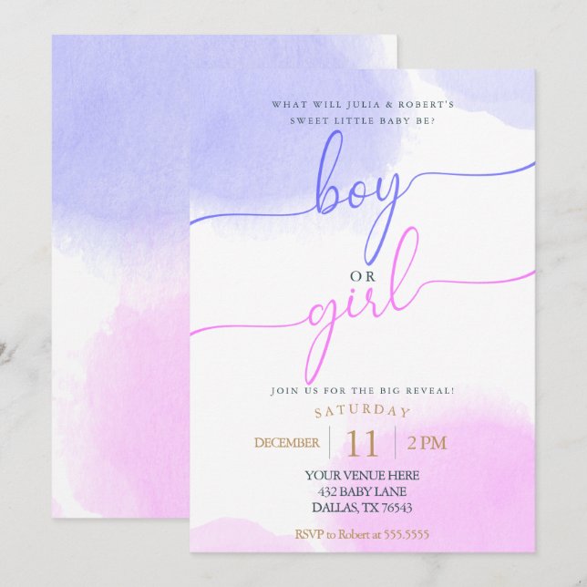 Pink & Blue Watercolor Gold Script Gender Reveal  Invitation (Front/Back)