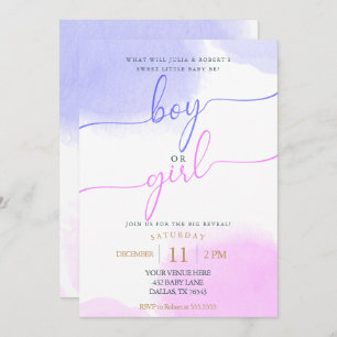 Pink & Blue Watercolor Gold Script Gender Reveal Invitation