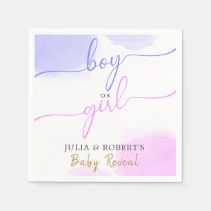 Pink & Blue Watercolor Gold Script Gender Reveal Napkins