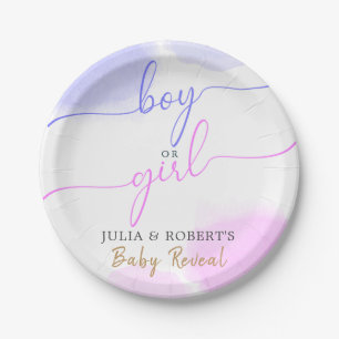 Pink & Blue Watercolor Gold Script Gender Reveal Paper Plates